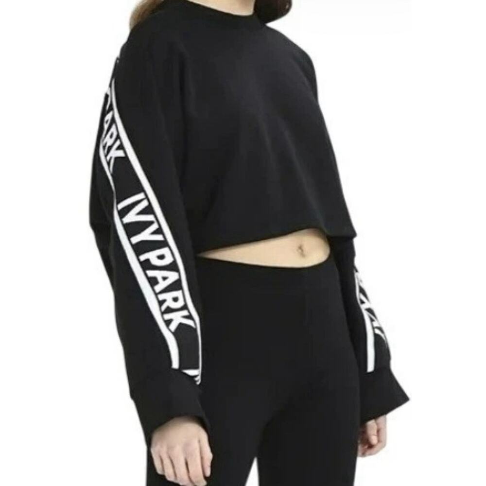 IVY PARK Black Cropped Sweater Sweatshirt White Tape Logo Oversized Trendy Sz M